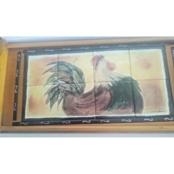 Vintage Handled Wooden Tray with Ceramic Tile Inlaid Rooster Artist Signed - Picture 5 of 13